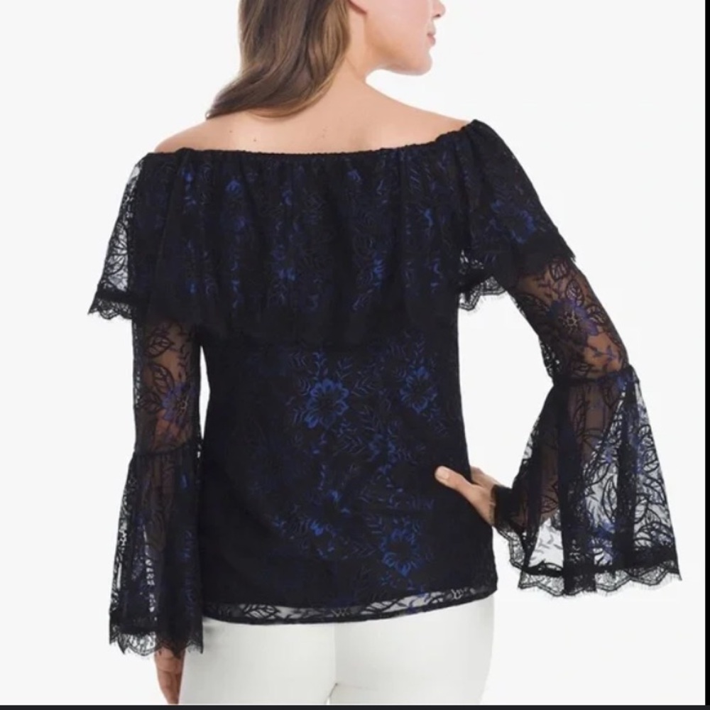 WHBM- off-the-shoulder, black&blue, floral lace top